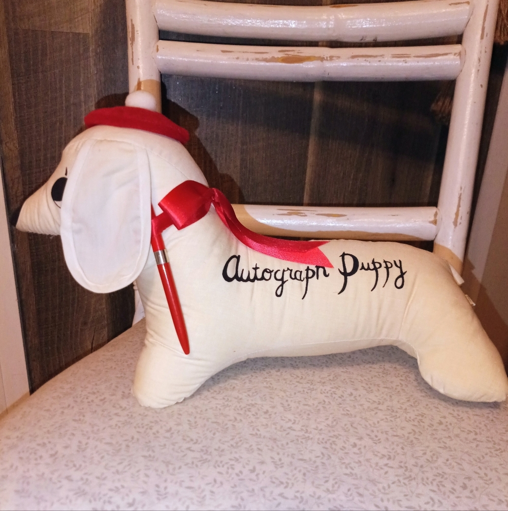 Vintage Jerry Elsner Autograph Puppy Plushie With Baret And Ribbon